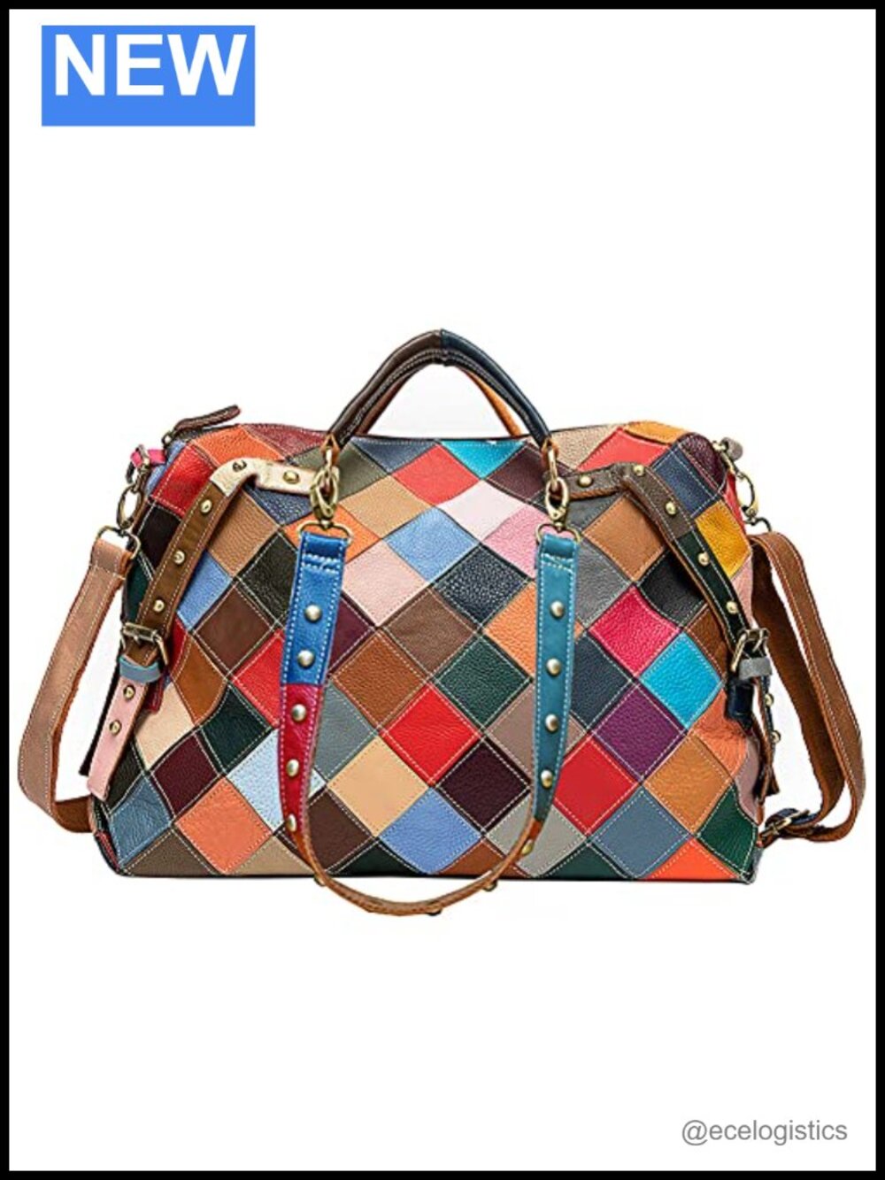 Genuine Leather Multicolor Cube Splicing Satchel Handbag Shoulder Bag with 3